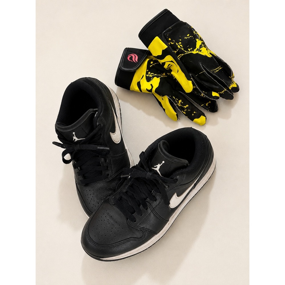Jordan 1 Mid TD Football Cleats Kids 5.5Y Black White & Phenom Elite Gloves Set